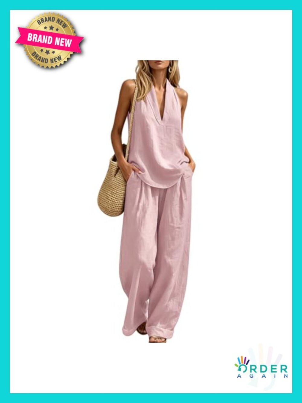 Linen 2 Piece Set Halter Top Wide Leg Pants Sleeveless Summer Casual